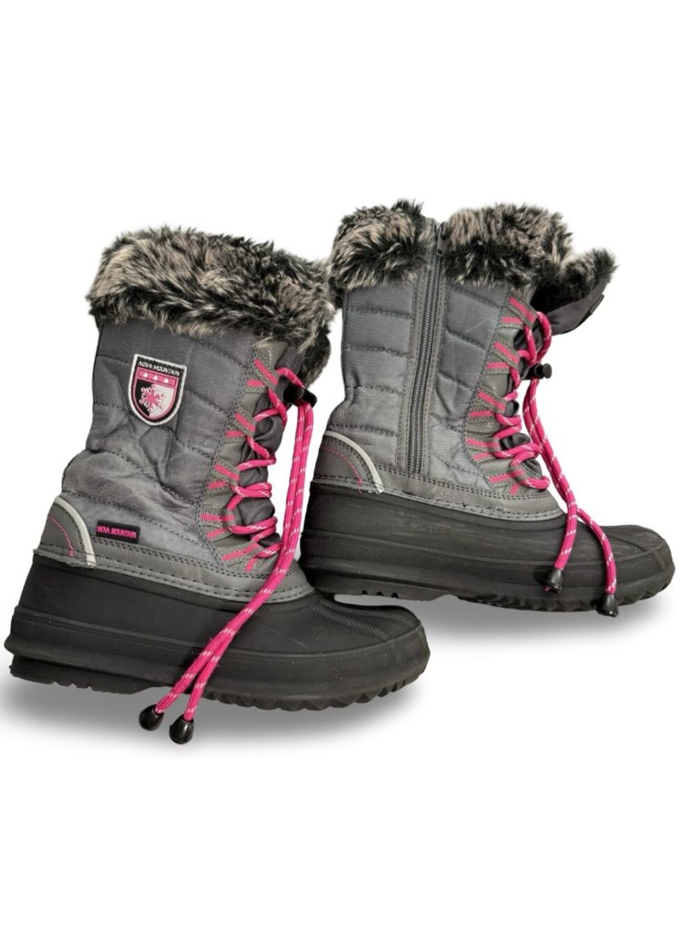 Nova Mountain Kids Snow Boots Size 2 Girls Gray Pink Faux Fur Lined Zip NFWB830